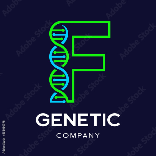 Letter F Genetic DNA vector logo template. Design with chromosome symbol. This logo is suitable for research, science, medical, logotype, technology, lab, molecule, protein, nucleus, spiral.
