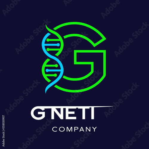 Letter G Genetic DNA vector logo template. Design with chromosome symbol. This logo is suitable for research, science, medical, logotype, technology, lab, molecule, protein, nucleus, spiral.