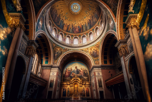 View of the main altar in the Alexander Nevsky Cathedral's central dome as of October 30, 2022, in Sofia, Bulgaria. Generative AI