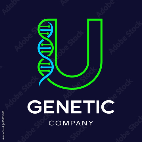 Letter U Genetic DNA vector logo template. Design with chromosome symbol. This logo is suitable for research, science, medical, logotype, technology, lab, molecule, protein, nucleus, spiral.