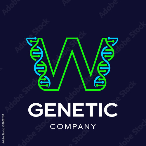 Letter W Genetic DNA vector logo template. Design with chromosome symbol. This logo is suitable for research, science, medical, logotype, technology, lab, molecule, protein, nucleus, spiral.