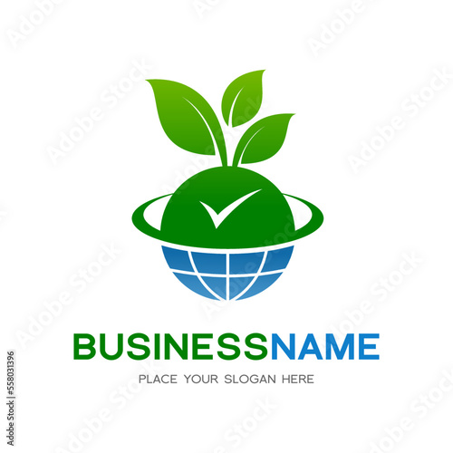 Save earth with leaf checklist vector logo. This template is suitable for ecology, environment, plant, globe, green, conservation, protection and recycle.