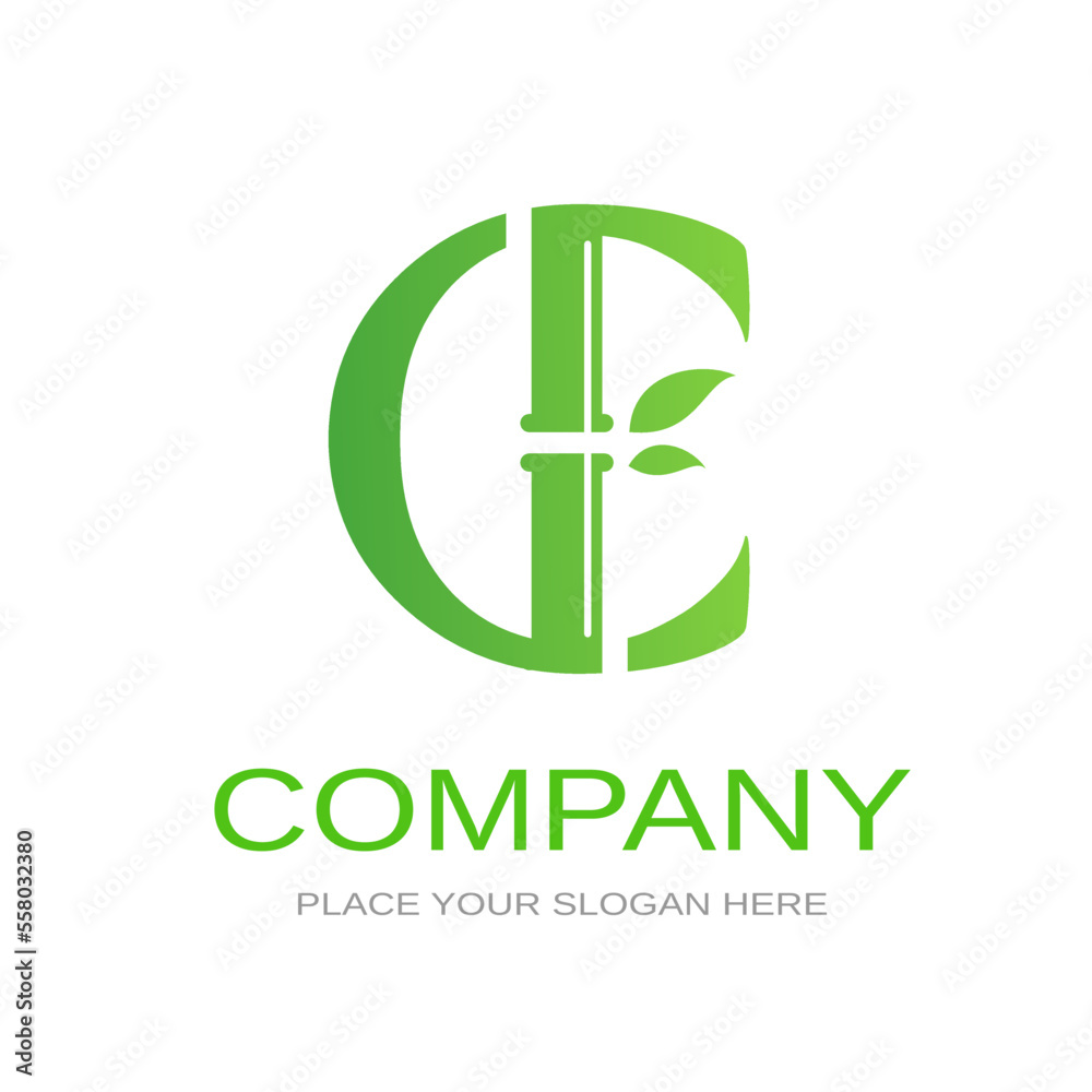 Fototapeta premium Bamboo C letter or alphabet vector logo template. This logo with symbol and leaf. Green color and suitable for business and culture of china.