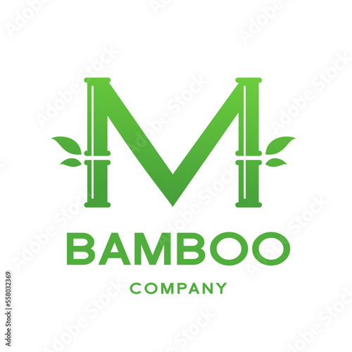 Bamboo M letter or alphabet vector logo template. This logo with symbol and leaf. Green color and suitable for business and culture of china.