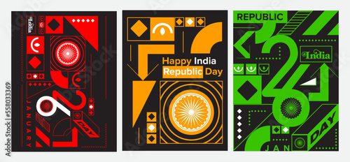 26 January India republic day geometric vector set collection. Vintage, bohemian background, poster, banner