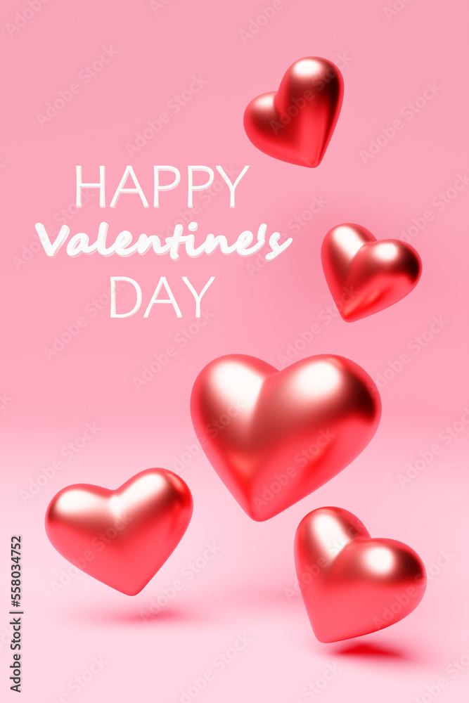 3d illustration realistic colorful red and pink romantic valentine hearts background floating with Happy Valentines Day Greetings.