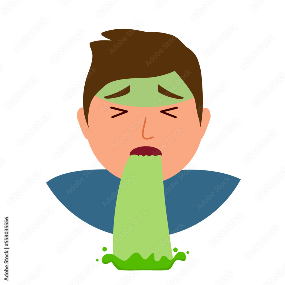 Man suffering from vomit in flat design. Nausea throwing up from food poisoning symptom or drunk. Man suffering from vomit in flat design. Nausea throwing up from food poisoning symptom or drunk.