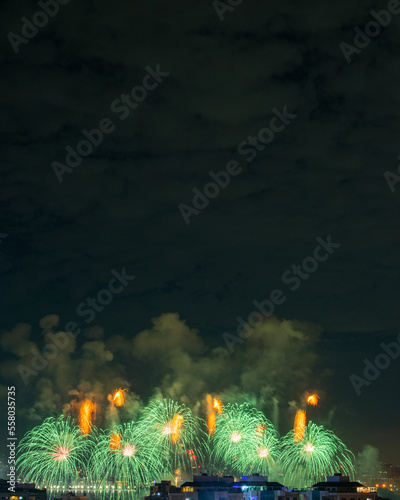 NITERÓI, RIO DE JANEIRO, BRAZIL – 01/01/2023: Night photo of the arrival of the New Year (Réveillon) with fireworks in the sky of a Brazilian city