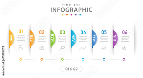 Infographic template for business. 6 Steps Modern Timeline diagram with roadmap and icons, presentation vector infographic.	