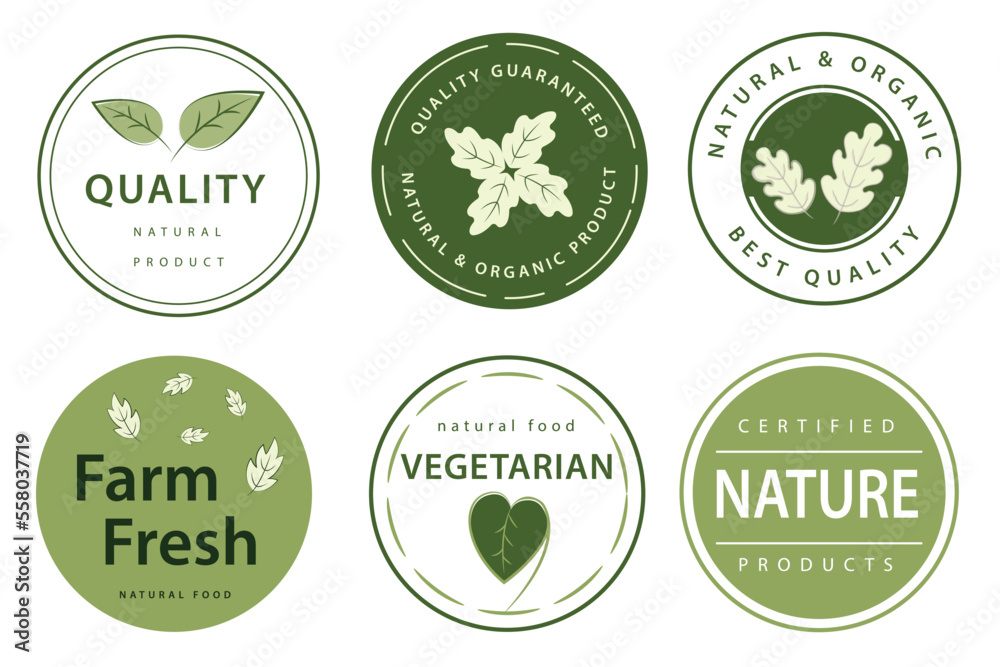 Set of logo, stickers and badges for organic food and drink, natural products, healthy life, food store and product promotion. Set of logo, stickers and badges for organic food and drink, natural products, healthy life, food store and product promotion.