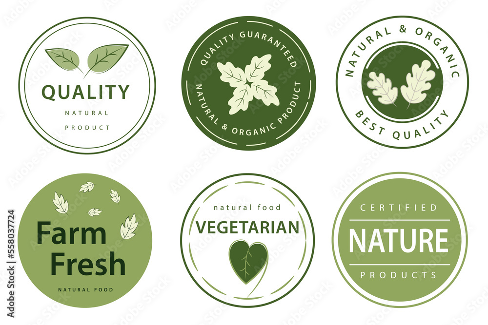 Set of logo, stickers and badges for organic food and drink, natural products, healthy life, food store and product promotion.