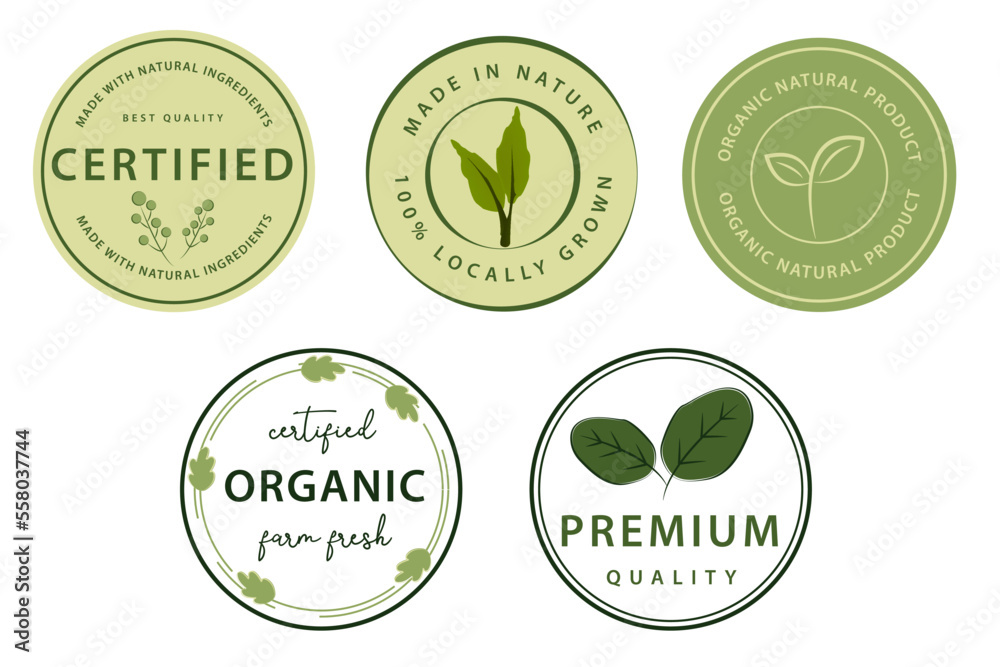 Set of logo, stickers and badges for organic food and drink, natural products, healthy life, food store and product promotion. Set of logo, stickers and badges for organic food and drink, natural products, healthy life, food store and product promotion.