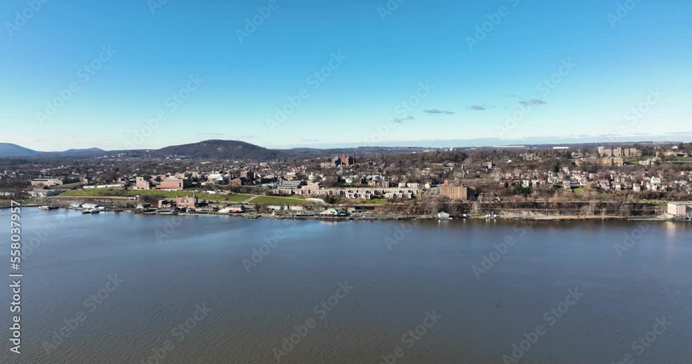 Mid-morning winter aerial video of Newburgh New York along the western side of the Hudson River.
