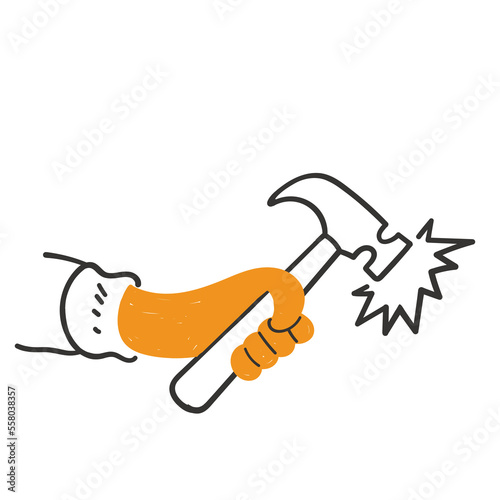 hand drawn doodle person holding and hitting with a hammer illustration