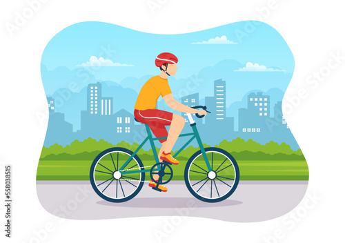 Mountain Biking Illustration with Cycling Down the Mountains for Sports, Leisure and Healthy Lifestyle in Flat Cartoon Hand Drawn Templates © denayune