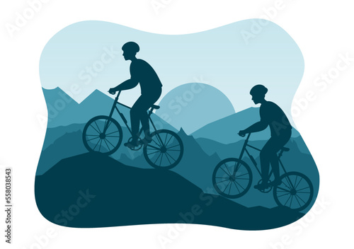Mountain Biking Illustration with Cycling Down the Mountains for Sports, Leisure and Healthy Lifestyle in Flat Cartoon Silhouette Hand Drawn Templates