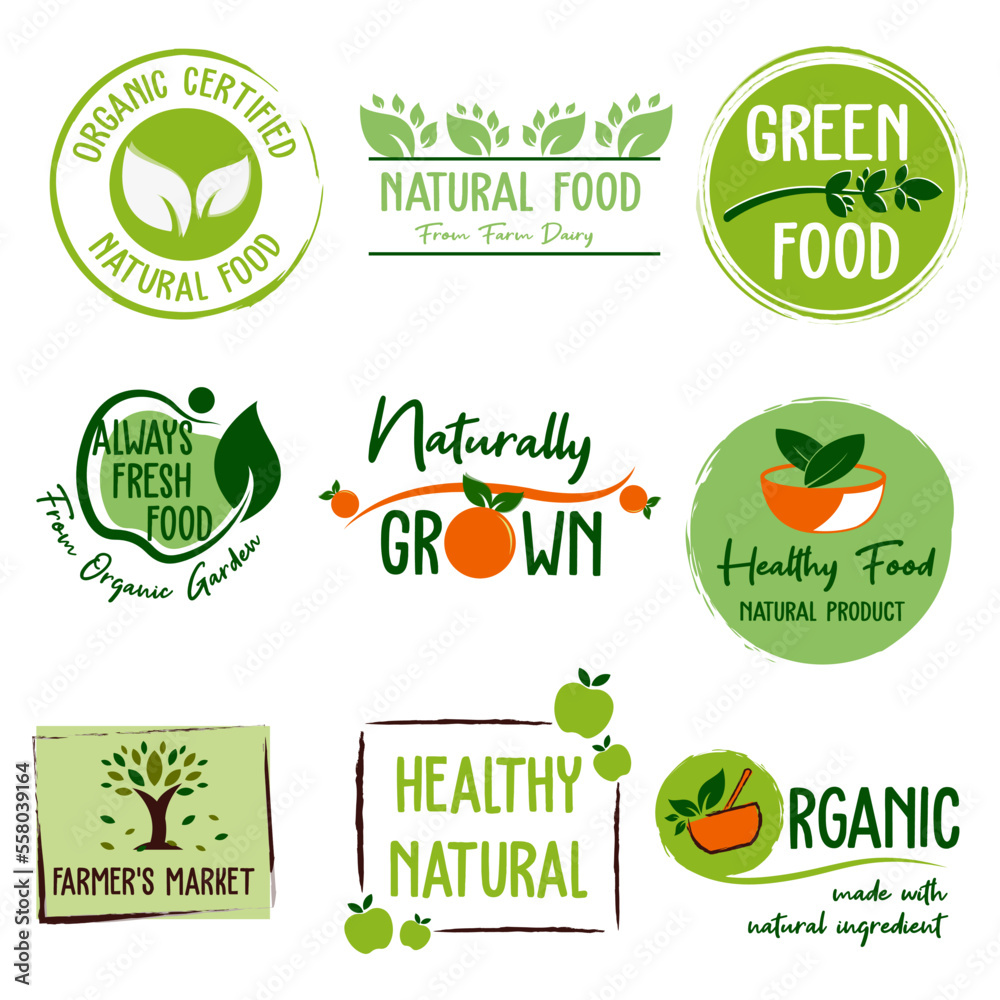 Set of logo, stickers and badges for organic food and drink, natural products, healthy life, food store and product promotion. Set of logo, stickers and badges for organic food and drink, natural products, healthy life, food store and product promotion.