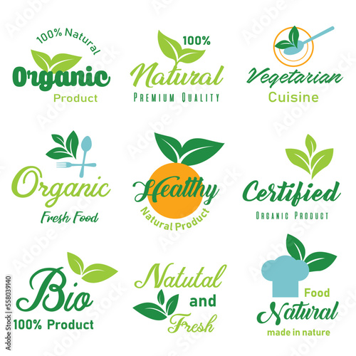 Set of logo, stickers and badges for organic food and drink, natural products, healthy life, food store and product promotion.