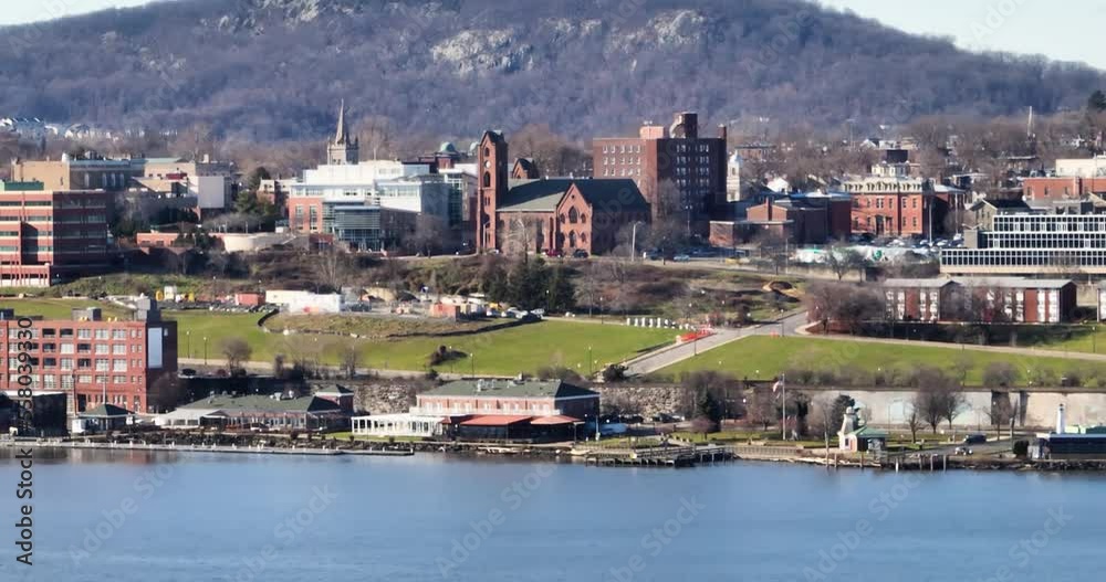 Mid-morning winter aerial video of Newburgh New York along the western side of the Hudson River. Mid-morning winter aerial video of Newburgh New York along the western side of the Hudson River.