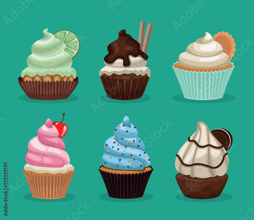 six sweet cupcakes