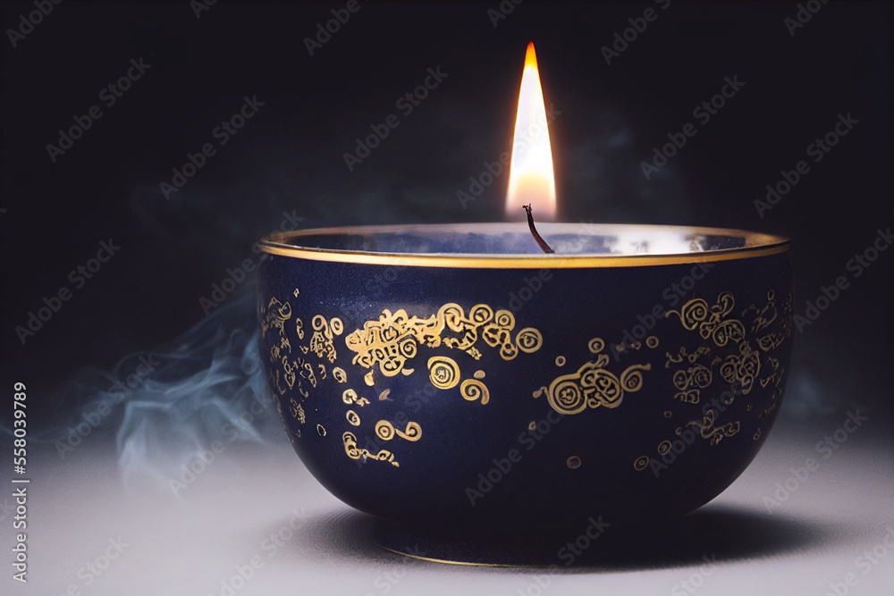Dark blue incense cup with gold pattern on black background, smoke floating in the air with Generative AI Dark blue incense cup with gold pattern on black background, smoke floating in the air with Generative AI