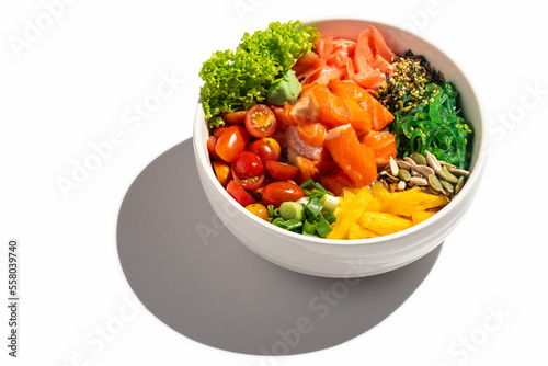 Salmon poke bowl cut out on white background with long shadow.