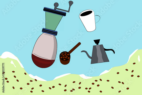 illustration of a person with a cup of coffee in beach