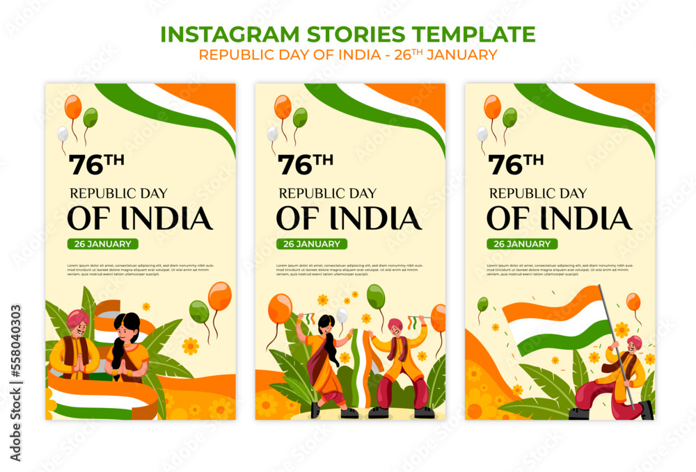 Republic day instagram stories template. Hand drawn illustration