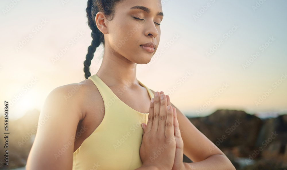 Yoga, hands or woman in meditation at sunrise in nature for calm relaxing peace, wellness or mindfulness. Chakra, gratitude or healthy spiritual girl in zen lotus pose breathing to meditate or focus