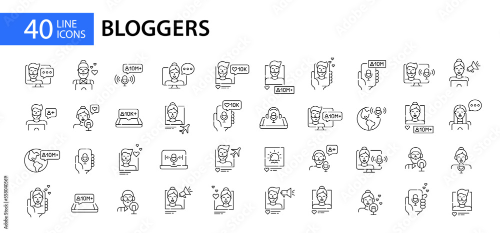 Big set of blogging and podcast icons. Like, share, repost. Pixel perfect, editable stroke design