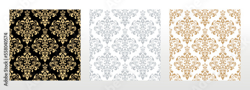 Wallpapers in the style of Baroque. Seamless vector backgrounds. Set of colored floral ornaments. Graphic patterns for fabric, wallpaper, packaging. Ornate Damask flower ornaments