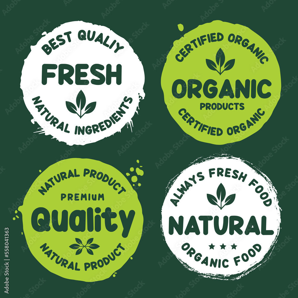 Organic food, natural food, healthy food and organic or natural product logos, icon, badges and stickers collection for food and drink market, ecommerce, organic products, natural products promotion.