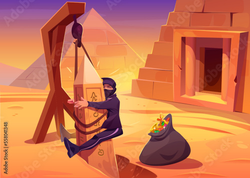 Stupid tomb robber in black trapped with sack full of antique treasures. Vector cartoon illustration of criminal character bumping head on stone column, bag of gemstones and gold lying on ground
