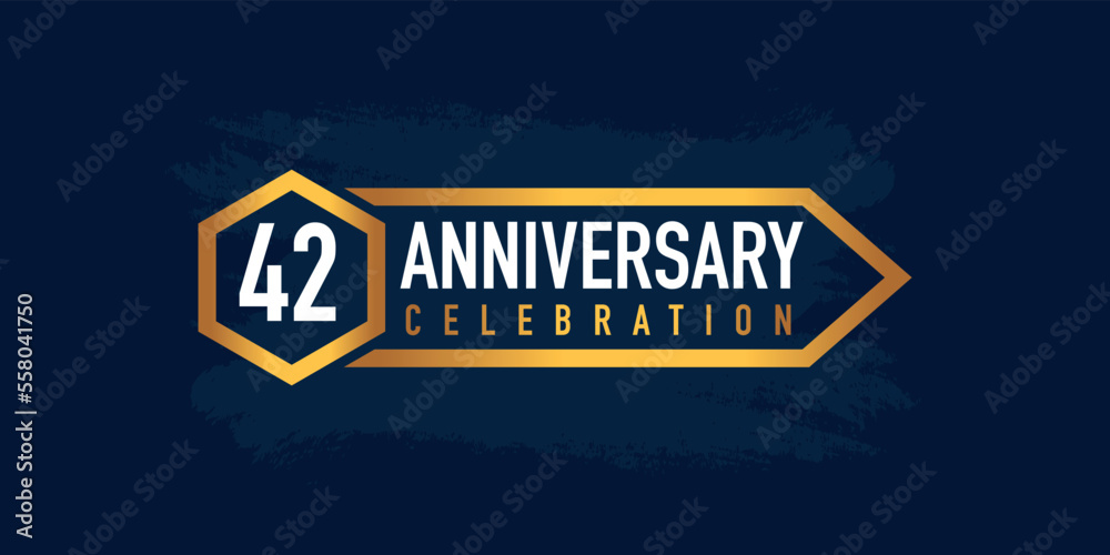 42 years anniversary celebration logotype colored with gold color and isolated on blue background.
