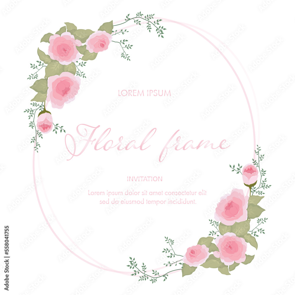 Flowers and leaves vector ellipse bouquet frame template on white background. Floral wedding invitation elegant greeting card design. Spring ornament layout with isolated and copy space.
