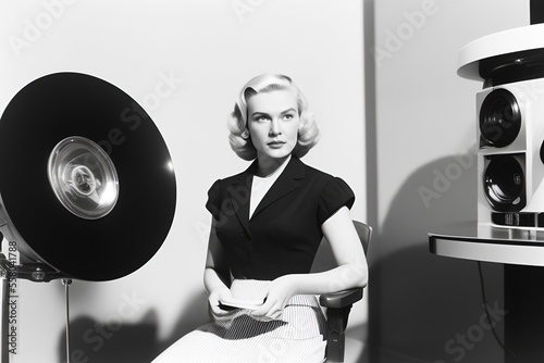 A retro black and white image of a women sitting on a chair and looking at the camera in 1950s