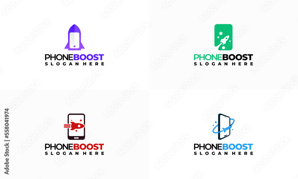 Set of Modern Phone Booster logo with rocket symbol, Elegant Fast Phone logo template vector