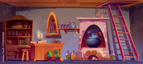 Alchemist, witch or wizard room with books, potions, candles and cauldron in stove. Magician laboratory or alchemy shop interior with flasks and bottles on shelves, vector cartoon illustration photo