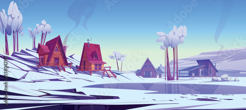 Winter mountain landscape with chalet houses, white snow, frozen lake and trees. Small wooden cottages in alpine village or ski resort, vector cartoon illustration