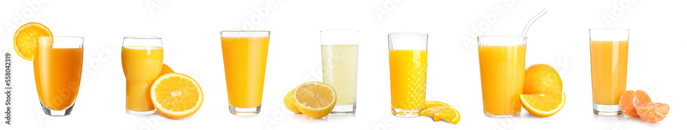 Collage of glasses with tasty citrus juice on white background Collage of glasses with tasty citrus juice on white background