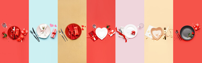 Collage with different table settings for Valentine's Day on color background