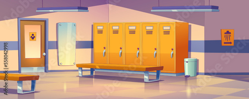 Empty dressing room background with individual metal lockers, benches, mirror and shower sign on wall. Contemporary vector illustration of space for changing clothes at school, sports gym or hospital