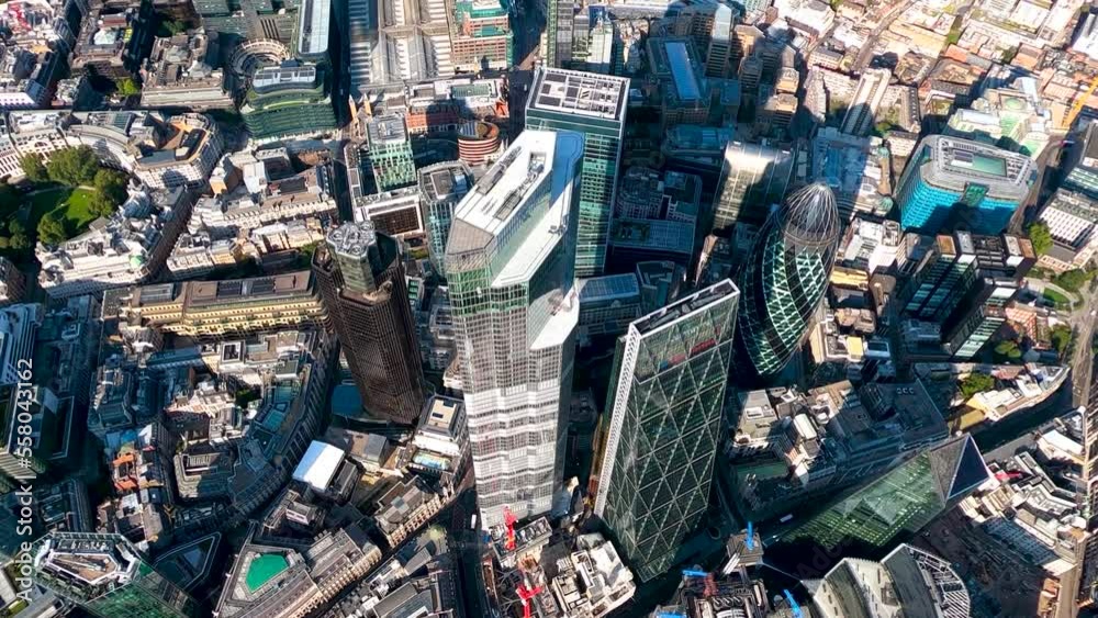 Steep aerial view of the City of London towers up to Liverpool Street Station. London, UK.