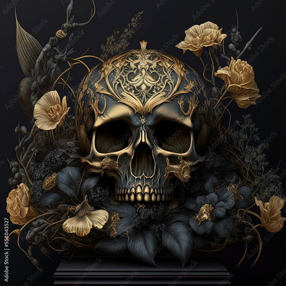 Ornate Black Skull Surrounded by Golden Flowers v2 Stock Illustration