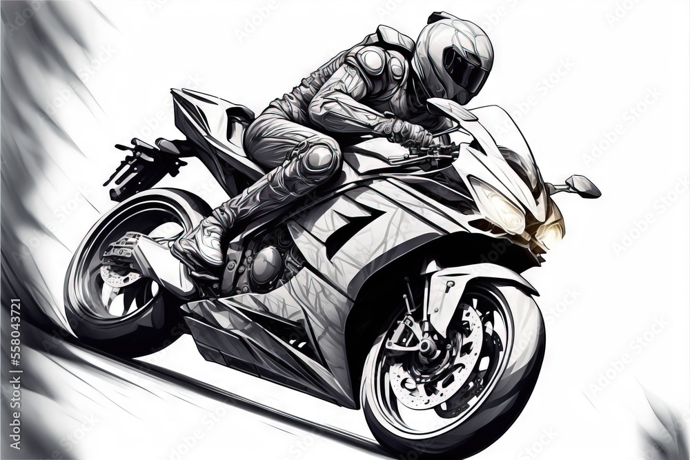 Motorcycle Riding Draw a drawing of a person riding a motorcycle on a track with a helmet on ...