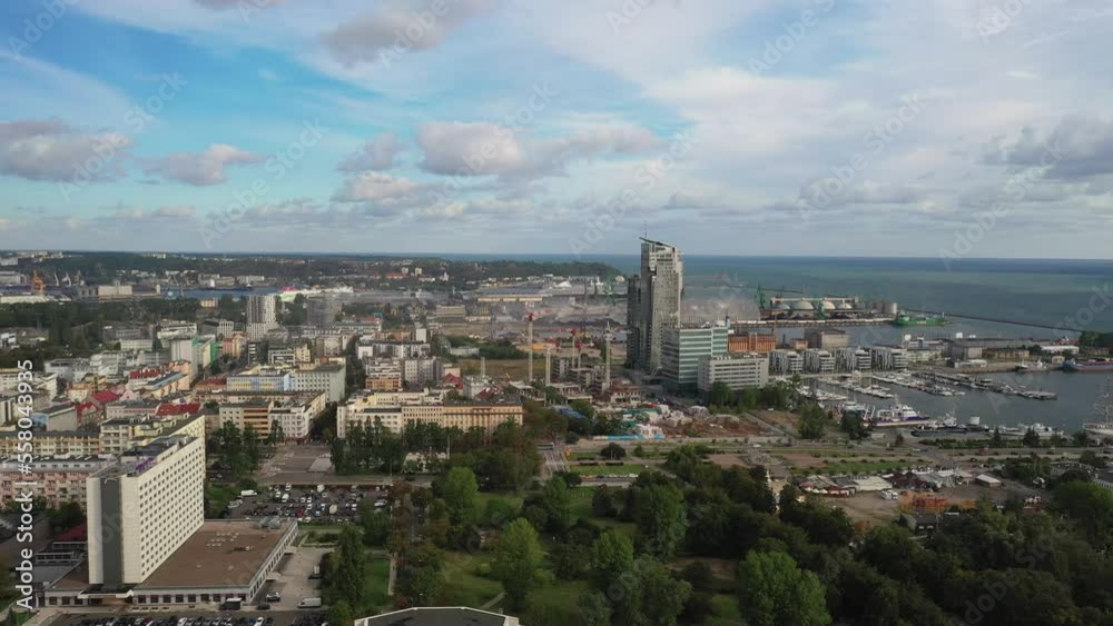 Drone shot over seaport city Gydnia Poland on coast of Baltic Sea during day 4k Drone shot over seaport city Gydnia Poland on coast of Baltic Sea during day 4k