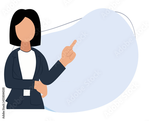 woman in suit with hand pointing to empty space. office lady cartoon illustration. woman standing in isolation with empty space side