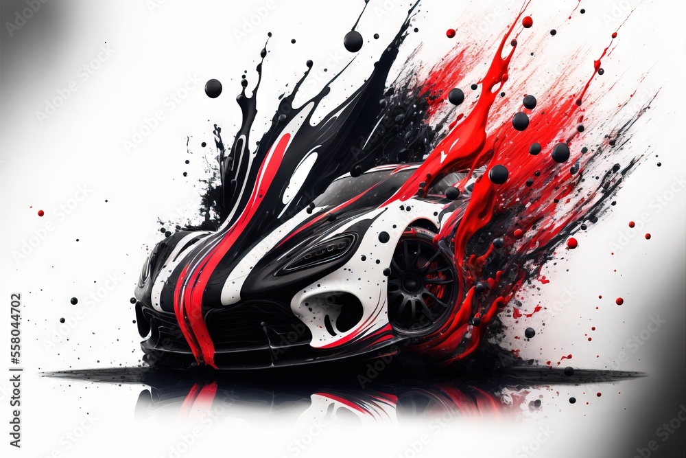 a black and white car with red paint splatters on it's side and a black
