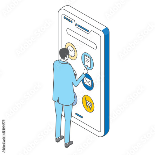 アイソメトリック_シンプル_スマートホンを操作する男性のイラスト