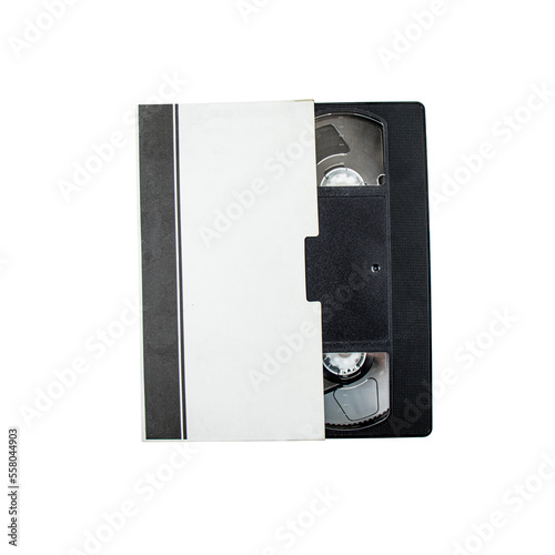 video cassette with cardboard case on white background, copy space, top view, retro